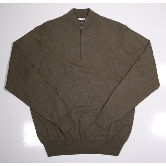 Peter Millar Olive Green Argyle Diamond 1/4 Quarter Zip Wool Pullover Sweater L - Picture 1 of 6
